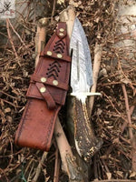 11" Inches HAND FORGED Fixed Blade Damascus Steel Gut Hook Hunting Knife+ Leather sheath - ZB Knives Store
