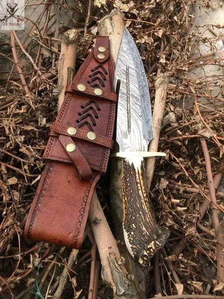 11" Inches HAND FORGED Fixed Blade Damascus Steel Gut Hook Hunting Knife+ Leather sheath - ZB Knives Store