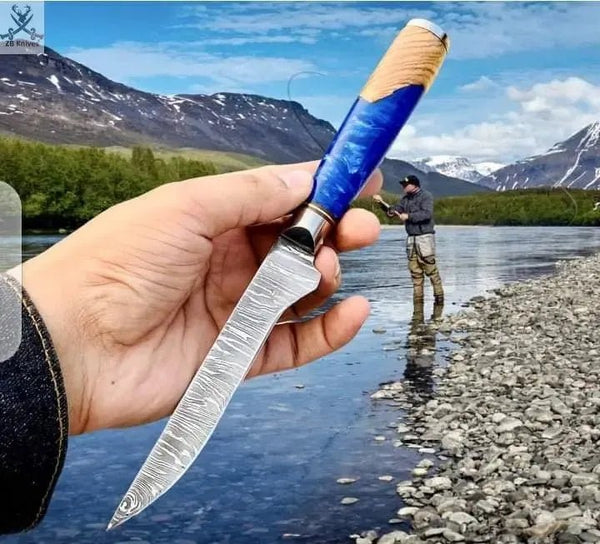 HAND FORGED Damascus Steel Best Knife For Fishing & Leather sheath - ZB Knives Store
