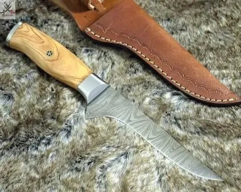 11" Inches HAND FORGED Full Tang Damascus Steel Fillet knife+ Leather Sheath - ZB Knives Store