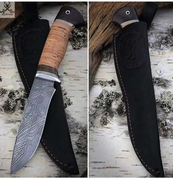 11" inches HAND FORGED Fixed Blade Damascus Steel Hunting Knife + Leather Sheath - ZB Knives Store