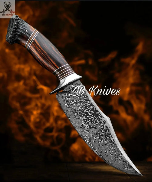 12.5" Inches HAND FORGED Deer Stag horn Full Tang Damascus steel Hunting Bowie Knife + leather sheath - ZB Knives Store