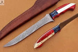 12.5" Inches HAND FORGED Full Tang Damascus Steel Fillet Knife+ Leather sheath - ZB Knives Store