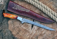 12.5" Inches HAND FORGED Full Tang Damascus Steel Fishing Fillet Knife + leather sheath - ZB Knives Store