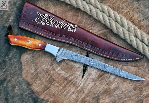 12.5" Inches HAND FORGED Full Tang Damascus Steel Fishing Fillet Knife + leather sheath - ZB Knives Store