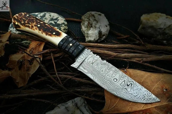 12" HAND FORGED Full Tang Damascus Steel Hunting knife + Leather Sheath - ZB Knives Store
