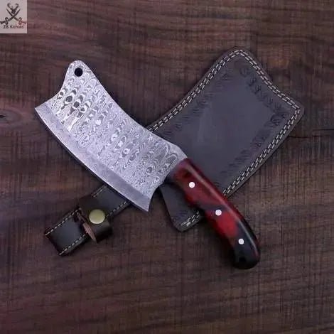 12" Inches HAND FORGED Damascus Steel Cleaver knife+ Leather sheath - ZB Knives Store
