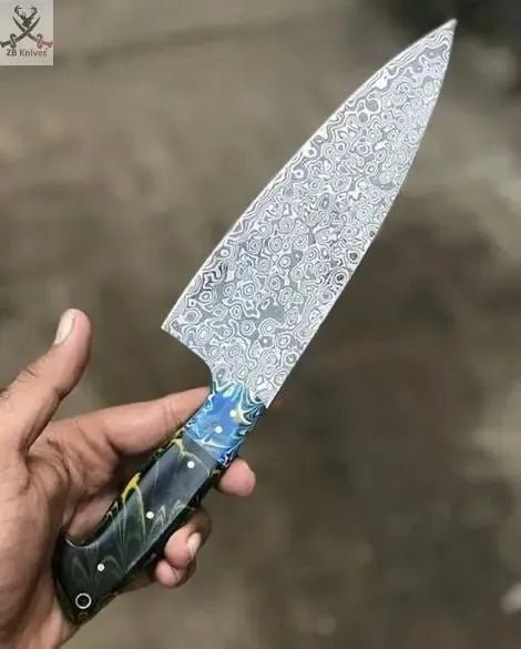 12" Inches HAND FORGED Full Tang Damascus Steel Chef Knife+ Leather sheath - ZB Knives Store