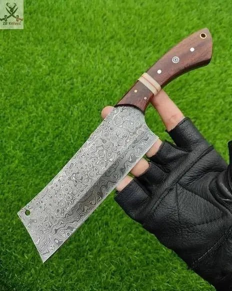 12" Inches HAND FORGED Full Tang Damascus Steel Cleaver Knife+ Leather sheath - ZB Knives Store