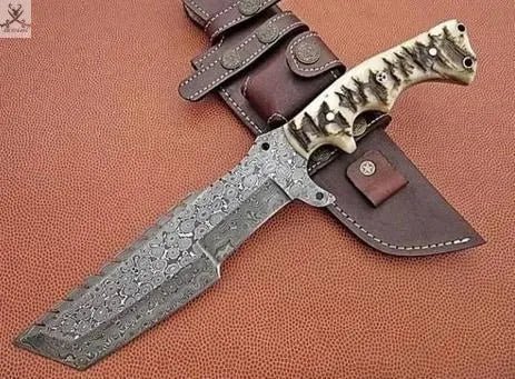 12" Inches HAND FORGED Full Tang Damascus Steel Tracker knife+ Leather sheath - ZB Knives Store