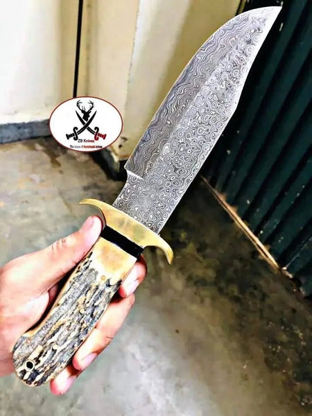 12" inches HAND FORGED Full Tang Damascus Steel Hunting Knife + Leather Sheath - ZB Knives Store