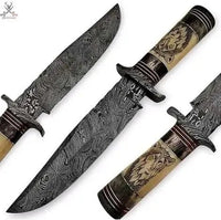 13" Inches HAND FORGED Fixed Blade Damascus Steel Hunting Bowie knife+ Leather Sheath - ZB Knives Store