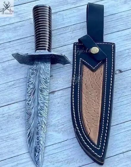 13" Inches HAND FORGED Fixed Blade Feather Damascus Steel Hunter Bowie knife+ Leather sheath - ZB Knives Store