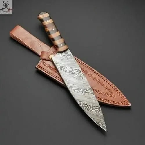 13" Inches HAND FORGED Full Tang Damascus Steel Chef Knife+ Leather sheath - ZB Knives Store