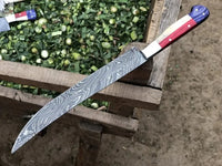 13" Inches HAND FORGED Full Tang Damascus Steel Fillet Knife+ Leather sheath - ZB Knives Store