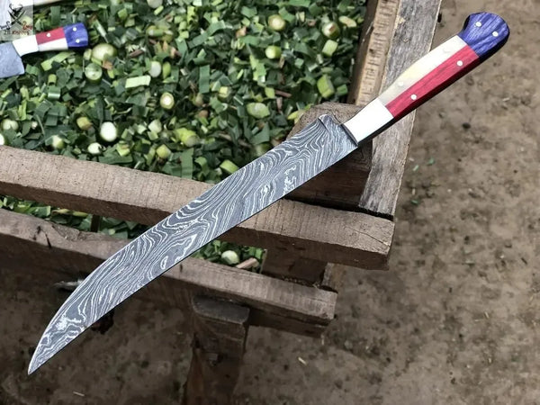 13" Inches HAND FORGED Full Tang Damascus Steel Fillet Knife+ Leather sheath - ZB Knives Store