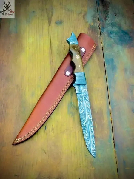 13" Inches HAND FORGED Full Tang Special Feather Damascus Steel Fillet Knife+ Leather sheath - ZB Knives Store