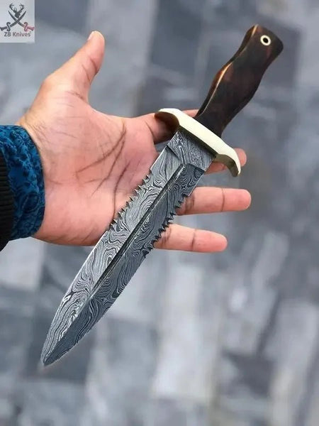 13" inches HAND FORGED Fixed Blade Damascus Steel Dagger Knife + Leather Sheath - ZB Knives Store