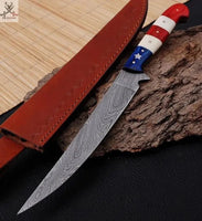 13" inches HAND FORGED Full Tang Damascus Steel Fillet Knife + Leather Sheath - ZB Knives Store