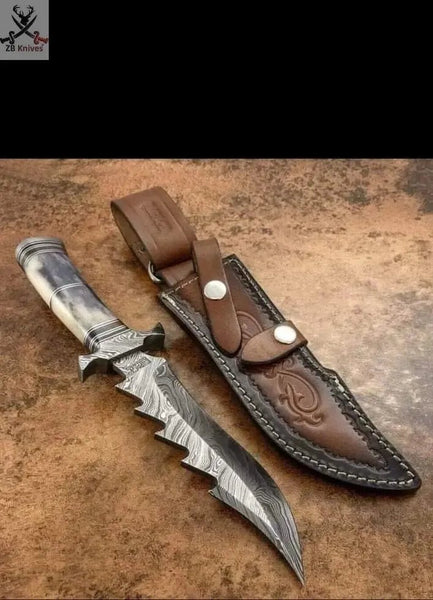 14.5" Inches HAND FORGED Full Tang Damascus Steel Hunting Knife+ Leather sheath - ZB Knives Store