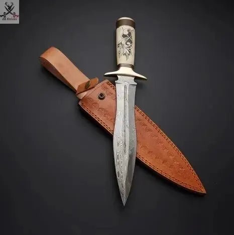 14" Inches HAND FORGED Damascus Steel Dagger knife+ Leather sheath - ZB Knives Store