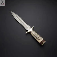 14" Inches HAND FORGED Damascus Steel Dagger knife+ Leather sheath - ZB Knives Store