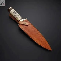 14" Inches HAND FORGED Damascus Steel Dagger knife+ Leather sheath - ZB Knives Store