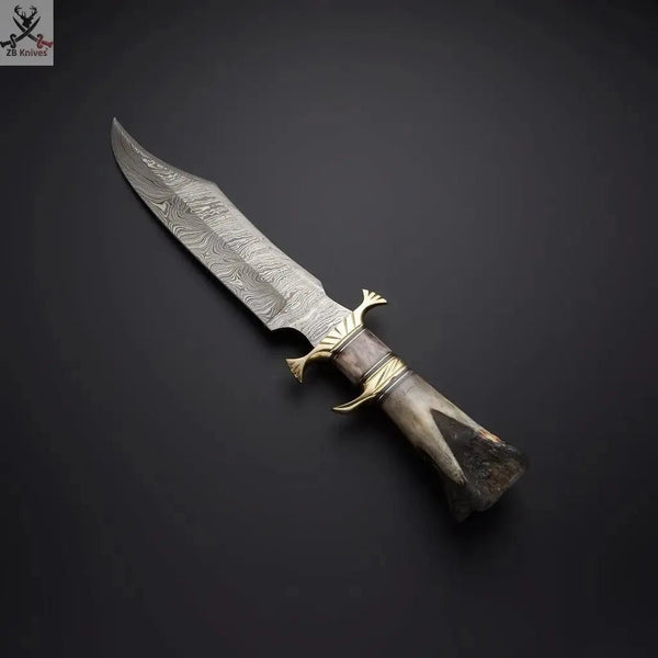 14" Inches HAND FORGED Damascus Steel Hunter Bowie knife+ Leather sheath - ZB Knives Store