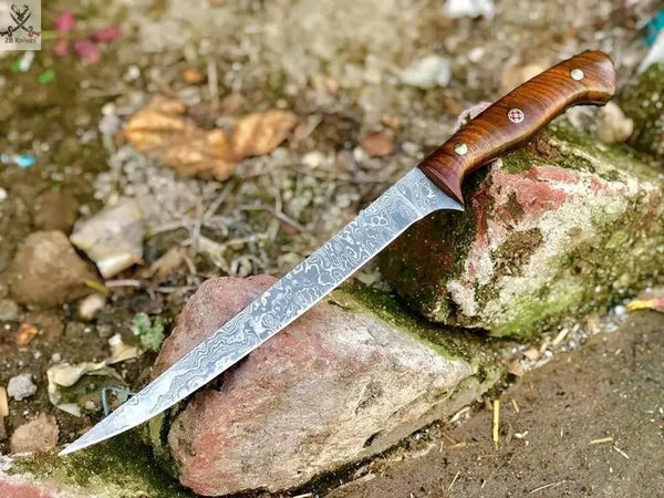 14" Inches HAND FORGED Full Tang Damascus Steel Fillet knife+ Leather sheath - ZB Knives Store