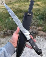 14" Inches HAND FORGED Full Tang Damascus Steel Fillet knife+ Leather sheath - ZB Knives Store