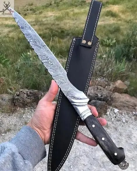 14" Inches HAND FORGED Full Tang Damascus Steel Fillet knife+ Leather sheath - ZB Knives Store