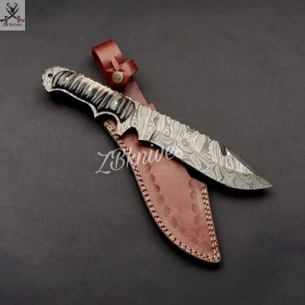 14" Inches HAND FORGED Full Tang Damascus Steel Hunter Bowie Knife+ Leather sheath - ZB Knives Store