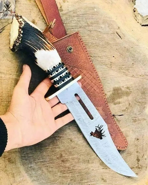 14" inches HAND FORGED Fixed Blade Damascus Steel Hunting Bowie Knife + Leather Sheath - ZB Knives Store