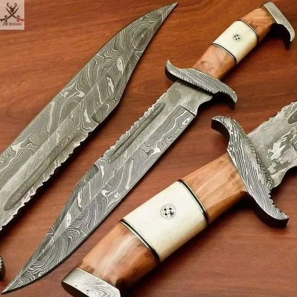 15.5" Inches HAND FORGED Fixed Blade Damascus Steel Hunter Bowie Knife+ Leather sheath - ZB Knives Store