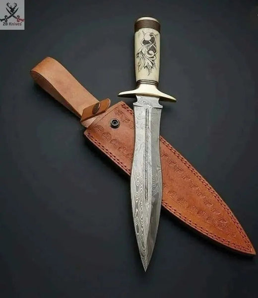 15" inch HAND FORGED Damascus Steel Dagger knife + Leather Sheath - ZB Knives Store