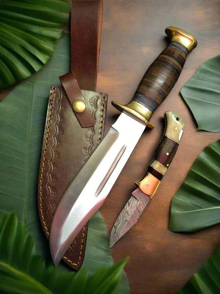 Best Set For Hunter – 16" D2 Steel Bowie Knife & Damascus Folding Pocket Knife with Leather Sheaths