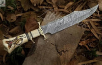 16 Inch Bowie Knife - Camel Bone Engraved Handle Knife with Leather Sheath - ZB Knives Store