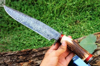 16"inches HAND FORGED Fixed Blade Damascus Steel Bowie knife + Leather Sheath - ZB Knives Store