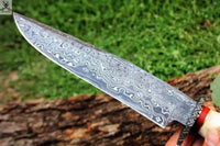16"inches HAND FORGED Fixed Blade Damascus Steel Bowie knife + Leather Sheath - ZB Knives Store