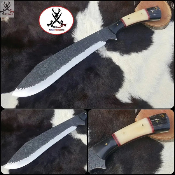 17.5" Inches HAND FORGED Full Tang 1095 High Carbon Steel Kukri knife + Leather Sheath Overall length: 17.5" inches - ZB Knives Store