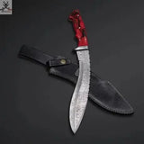 17"inches HAND FORGED Fixed Blade Damascus Steel Kukri Knife + Leather Sheath - ZB Knives Store