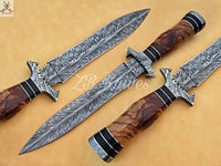 18" HAND FORGED Fixed Blade Special Feather 🪶 Damascus Steel Dagger Knife + leather sheath - ZB Knives Store