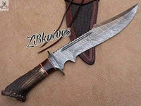 18" Inches HAND FORGED Fixed Blade Damascus Steel Hunter Bowie Knife + leather sheath - ZB Knives Store