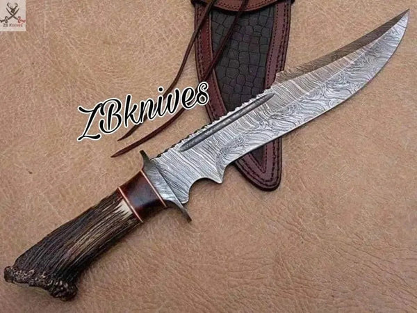 18" Inches HAND FORGED Fixed Blade Damascus Steel Hunter Bowie Knife + leather sheath - ZB Knives Store