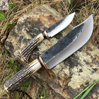 2 PCS HAND FORGED Fixed Blade 1095 High Carbon Steel Hunting and Skinning knife + Leather Sheath - ZB Knives Store
