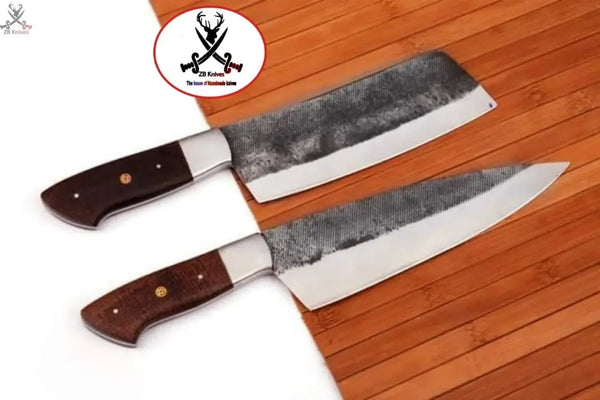 2 PCS HAND FORGED Full Tang 1095 High Carbon Steel Chef Knives+ Leather sheath - ZB Knives Store