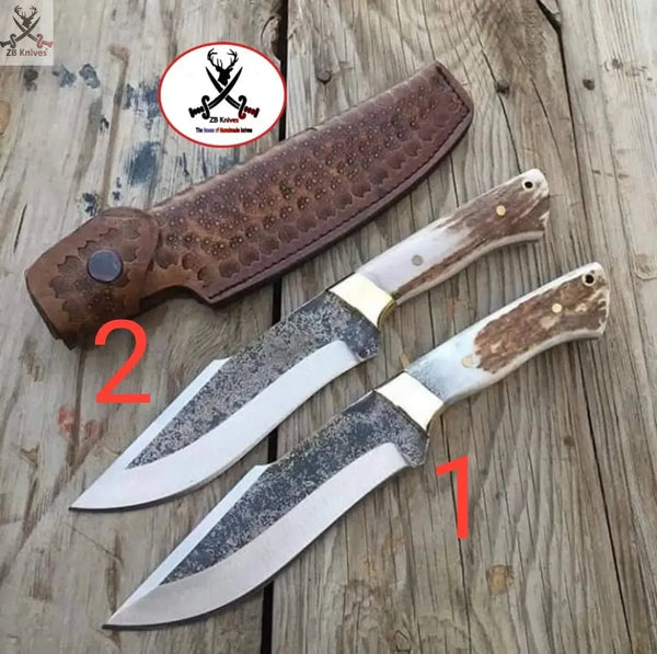 2 PCS HAND FORGED Full Tang 1095 High Carbon Steel Hunting Knives+ Leather sheath - ZB Knives Store