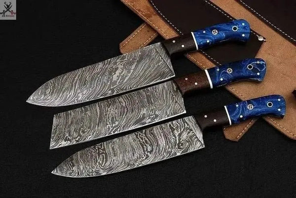 3 PCS HAND FORGED Full Tang Damascus kitchen set knives + Leather Sheath - ZB Knives Store