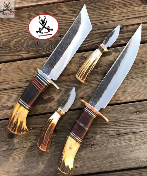 4 PCS HAND FORGED Fixed Blade 1095 High Carbon Steel Hunting set Knives+ Leather sheath - ZB Knives Store