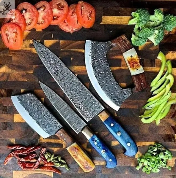 4 PCS HAND FORGED Fixed Blade 1095 High Carbon Steel Kitchen Set Knives+ Leather roll kit - ZB Knives Store